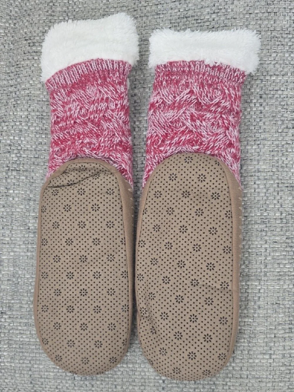 Cozy Red & White Knit Pom-Pom Slipper Socks